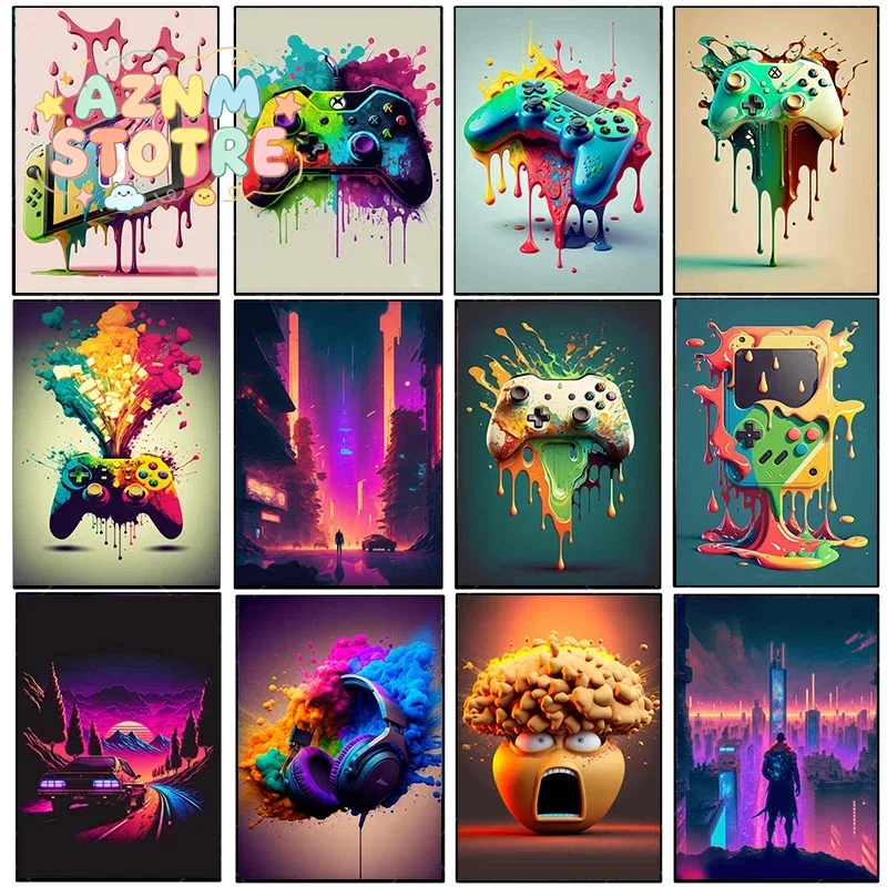 Esports Gamer - لوحة قماشية عتيقة بتصميم ملون ونيون